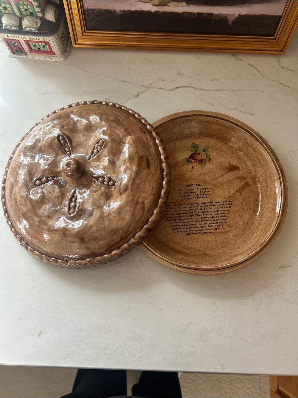 Vintage Ceramic Apple Pie Dish with Pie Crust Lid & Printed Recipe
